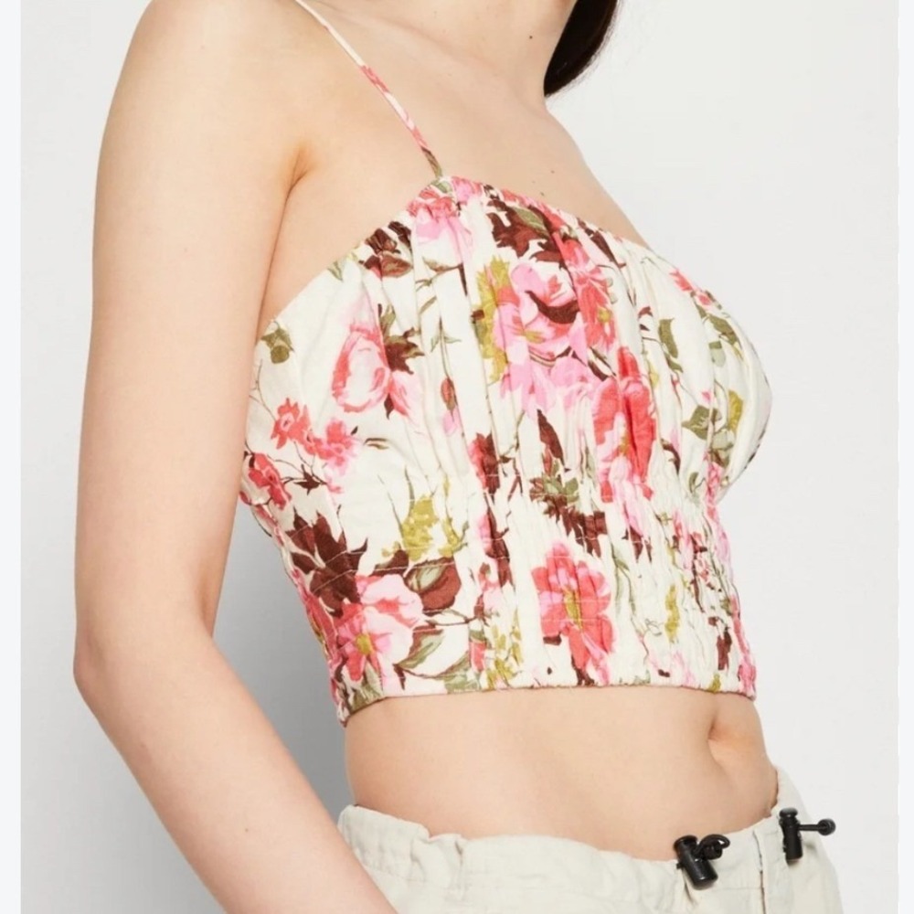 Abercrombie & Fitch Floral Smocked Cami Crop Top Pink Cream 140-408-1534-125